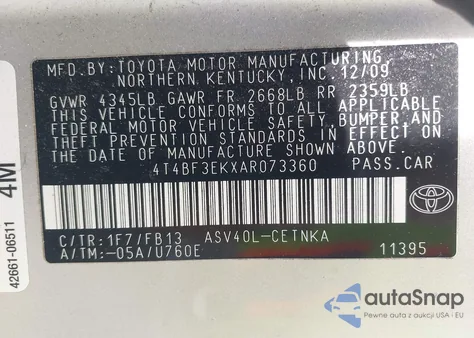 2010 Toyota Camry Le from USA, damaged, VIN 4T4BF3EKXAR073360